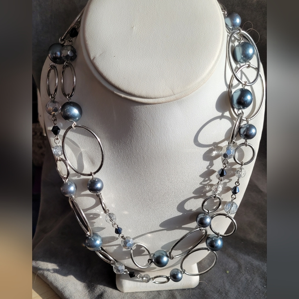2/$22 Lia Sophia Long silvertone glass grey pearl, black, clear crystal necklace